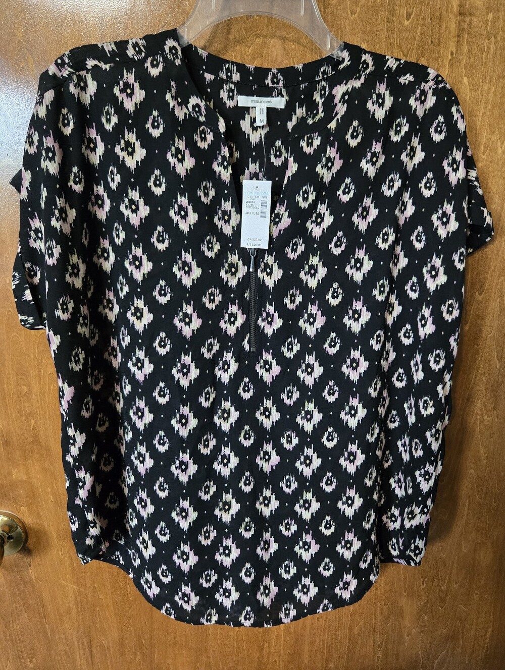 Maurices Black Blouse with Pink and Cream Ikat Print